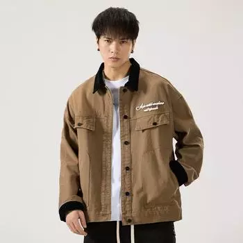 Длинный рукав Сращивание Стирать полотенце Вышивка Дизайн Джинсовая куртка Мужская Американская Ретро Тренд Печать Свободная куртка Мужская S коричневый