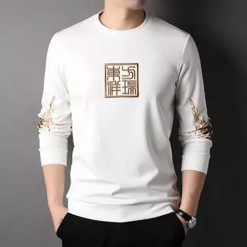 Длинный рукав свитер мужской весна и осень новинка модная повседневная мужская футболка с круглым вырезом свободный принтованный топ L