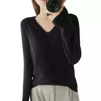 Длинный рукав свитера женские трикотажные свитера с V-образным вырезом стильные длинные рукава пуловеры топы с ребристой отделкой для шикарного элегантного образа M синий