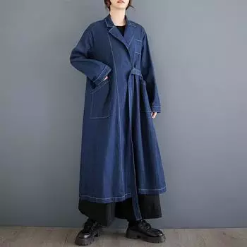 Длинный рукав свободного покроя джинсовый винтажный повседневный свободный плащ осень-весна с открытой строчкой для женщин Верхняя одежда синий