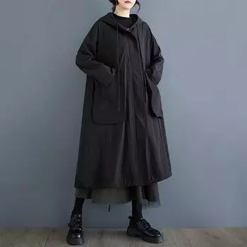 Длинный рукав свободного покроя с капюшоном, винтажный, черный, повседневный, свободный, осень-весна, тренч для женщин, верхняя одежда