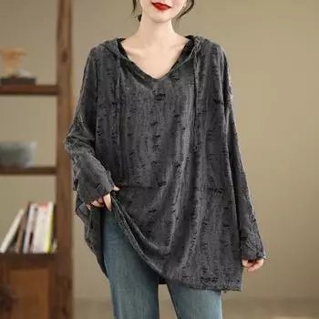 длинный рукав свободный винтажный капюшон свободного покроя длинный весна осень футболка топы женская футболка