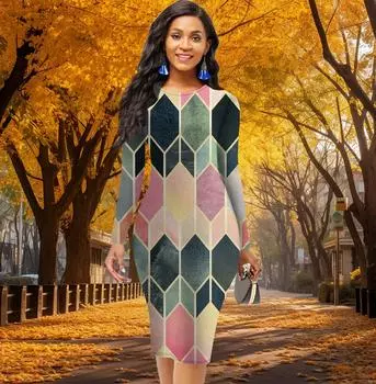 Длинный рукав, талия, облегающее, офисное, облегающее, с нерегулярным геометрическим рисунком, элегантное облегающее платье XS жёлтый