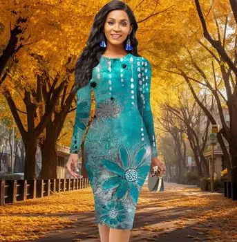 Длинный рукав, талия, облегающее, офисное, облегающее, с рисунком маслом, с цветами, элегантное облегающее платье XS красный