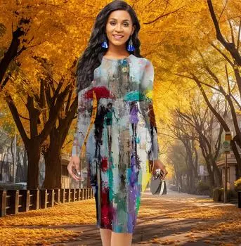 Длинный рукав, талия, облегающее, офисное, облегающее, с принтом масляной живописи, элегантное облегающее платье XS жёлтый