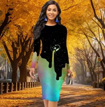 Длинный рукав, талия, облегающее, офисное, облегающее, с принтом в виде ведра краски, элегантное облегающее платье XS жёлтый