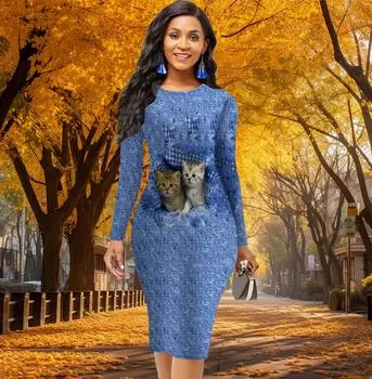 Длинный рукав, талия, облегающее, офисное, облегающее, с принтом двух очаровательных кошек, элегантное облегающее платье XS красный