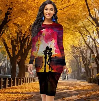 Длинный рукав, талия, облегающее, офисное, облегающее, с рисунком маслом, скелета, человека, элегантное облегающее платье XS жёлтый