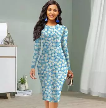 Длинный рукав, талия, облегающее, офисное, облегающее, с принтом Little Chick, элегантное облегающее платье XS синий
