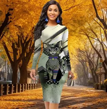 Длинный рукав, талия, облегающее офисное платье с принтом кошек Dingdang, элегантное облегающее платье XS жёлтый