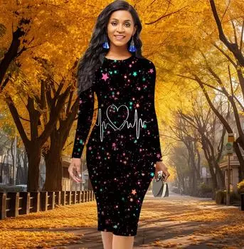 Длинный рукав, талия, облегающее офисное платье с принтом Star Love Circuit, элегантное облегающее платье XS жёлтый