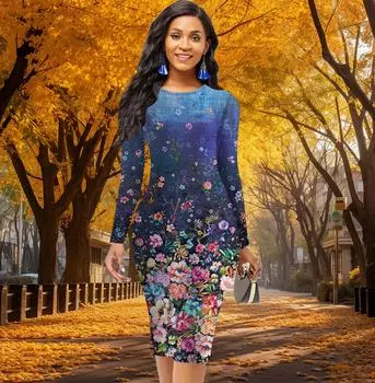 Длинный рукав, талия, облегающее офисное платье с градиентным цветочным принтом, элегантное облегающее платье XS красный