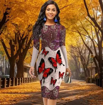 Длинный рукав, талия, облегающее офисное платье с принтом бабочек в стиле ретро, элегантное облегающее платье XS жёлтый