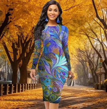 Длинный рукав, талия, облегающее офисное платье с принтом павлина, элегантное облегающее платье XS жёлтый