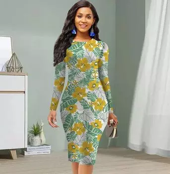 Длинный рукав, талия, облегающее офисное платье с принтом листьев, элегантное облегающее платье XS жёлтый