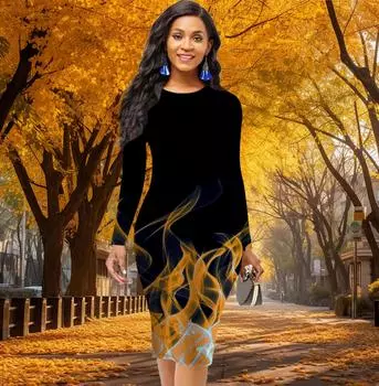 Длинный рукав, талия, облегающее, офисное, с принтом пламени, элегантное облегающее платье XS жёлтый