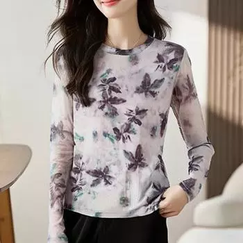 Длинный рукав, тонкий свитер, рубашка с принтом тай-дай, женская, весенняя, новинка, универсальная футболка с круглым вырезом M