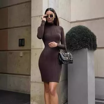 Длинный рукав трикотажное платье женское осень зима винтажное однотонное облегающее вечернее платье элегантные водолазки свитер платья L хаки