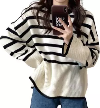 Длинный рукав трикотажный свитер с каймой топы повседневный свитшот свободный крой и пошив весна осень зима длинный деловой милый взрослый свободный круглый вырез студенческий