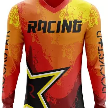 Длинный рукав V-образный вырез MOTO Print Racing Jersey - дышащий, удобный, влагоотводящий полиэстеровый спортивный топ для мужчин Рыбалка Велоспорт S