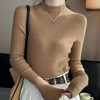 Длинный рукав вязаный женский свитер осень новый полувысокий воротник облегающий топ повседневный теплый базовый пуловер свитера женская мода зимняя одежда 25048 One Size белый