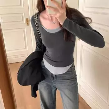 Длинный рукав Женская холодная базовая теплая рубашка Осенняя ложная футболка из двух частей Цветная блокирующая нижняя рубашка Женская тонкая круглая горловина Топы для улицы M чёрный