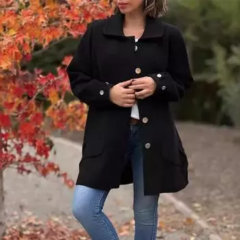 Длинный рукав женский однотонный топ с капюшоном легкая куртка пальто зима и осень M чёрный