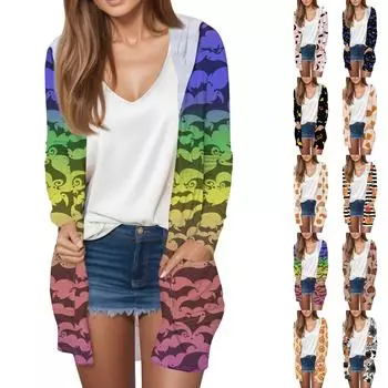 Длинный рукав женский ретро принт легкий и тонкий капюшон топ легкий куртка кардиган Хэллоуин XXL чёрный