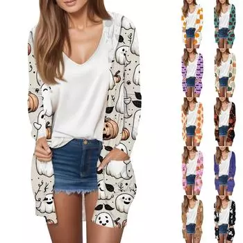 Длинный рукав женский ретро принт легкий и тонкий капюшон топ легкий куртка кардиган Хэллоуин XXXXL бежевый