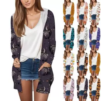 Длинный рукав женский ретро принт легкий и тонкий капюшон топ легкий куртка кардиган Хэллоуин XL шафрановый