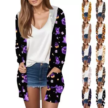 Длинный рукав женский ретро принт легкий и тонкий капюшон топ легкий куртка кардиган Хэллоуин S