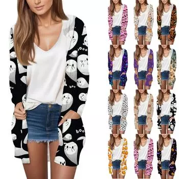 Длинный рукав женский ретро принт легкий и тонкий капюшон топ легкий куртка кардиган Хэллоуин S синий