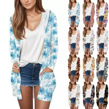 Длинный рукав женский ретро принт легкий и тонкий капюшон топ легкий куртка кардиган L чёрный