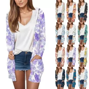 Длинный рукав женский ретро принт легкий и тонкий капюшон топ легкий куртка кардиган L бежевый