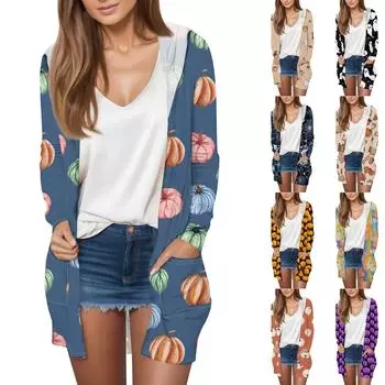 Длинный рукав женский ретро принт легкий и тонкий капюшон топ легкий куртка кардиган Хэллоуин XXXL синий