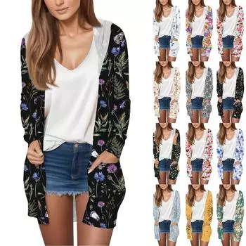 Длинный рукав женский ретро принт легкий и тонкий капюшон топ легкий куртка кардиган L бежевый