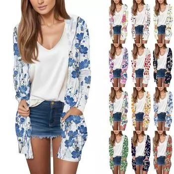 Длинный рукав женский ретро принт легкий и тонкий капюшон топ легкий куртка кардиган L бежевый