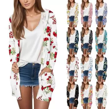 Длинный рукав женский ретро принт легкий и тонкий капюшон топ легкий куртка кардиган L чёрный