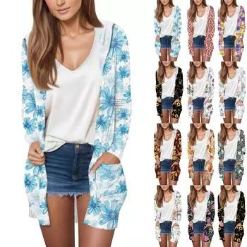 Длинный рукав женский ретро принт легкий и тонкий капюшон топ легкий куртка кардиган XXXXL