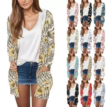 Длинный рукав женский ретро принт легкий и тонкий капюшон топ легкий куртка кардиган XXL чёрный