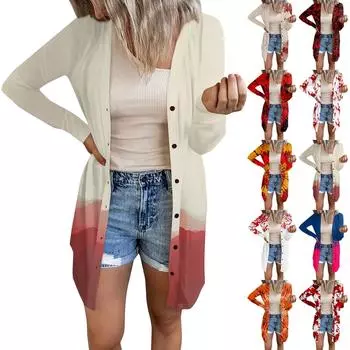 Длинный рукав женский ретро принтованный топ легкий базовый свободный жакет кардиган повседневные рубашки Хэллоуин S синий