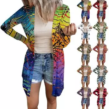 Длинный рукав женский ретро принтованный топ легкий базовый свободный жакет кардиган повседневные рубашки Хэллоуин M синий