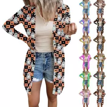 Длинный рукав женский ретро принтованный топ легкий базовый свободный жакет кардиган повседневные рубашки Хэллоуин L оранжевый