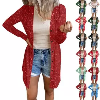 Длинный рукав Женский ретро принтованный топ Легкий базовый свободный жакет Кардиган Повседневные рубашки Рождество L армия зеленый