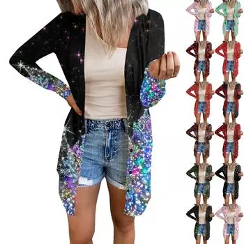 Длинный рукав Женский ретро принтованный топ Легкий базовый свободный жакет Кардиган Повседневные рубашки Рождество L армия зеленый