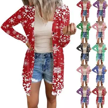Длинный рукав Женский ретро принтованный топ Легкий базовый свободный жакет Кардиган Повседневные рубашки Рождество XXL чёрный