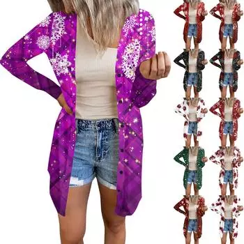 Длинный рукав Женский ретро принтованный топ Легкий базовый свободный жакет Кардиган Повседневные рубашки Рождество L чёрный