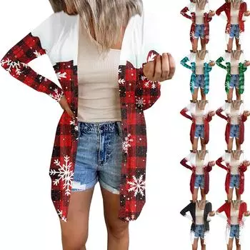 Длинный рукав Женский ретро принтованный топ Легкий базовый свободный жакет Кардиган Повседневные рубашки Рождество L чёрный