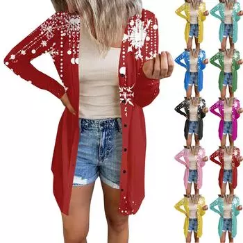 Длинный рукав Женский ретро принтованный топ Легкий базовый свободный жакет Кардиган Повседневные рубашки Рождество XXXXL жёлтый