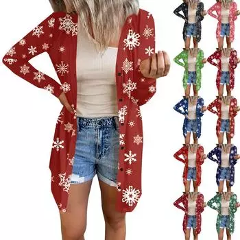 Длинный рукав Женский ретро принтованный топ Легкий базовый свободный жакет Кардиган Повседневные рубашки Рождество L киноварь